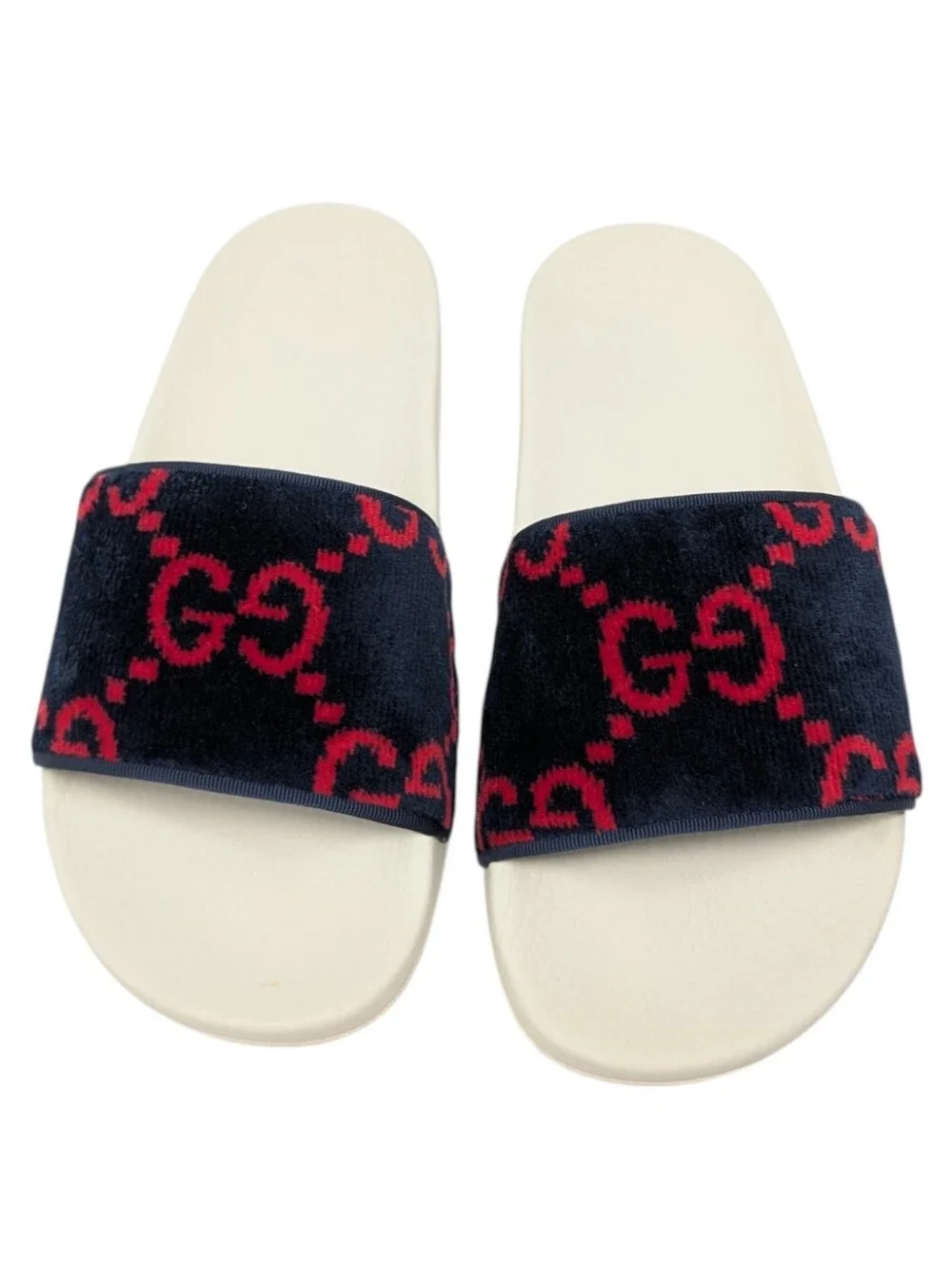 Gucci Navy/Red Monogram Terry Cloth Velvet Slide Sandals Size EU 38